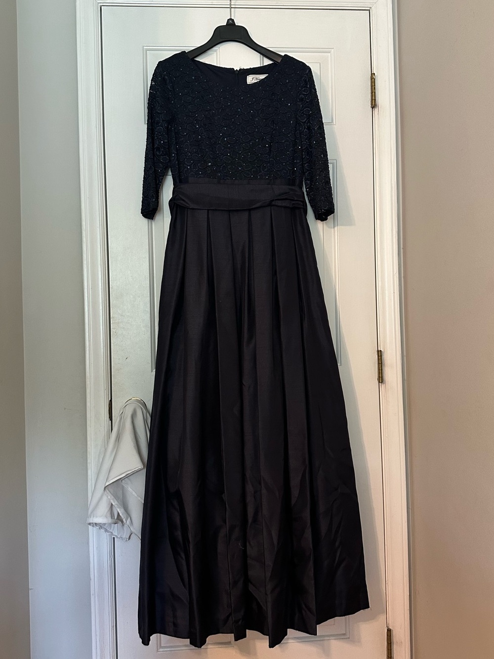 Navy Blue Beaded Bodice Maxi Dress 3/4 with sleeves